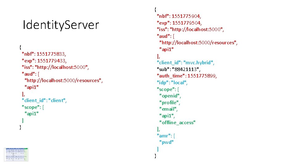 { Identity. Server { } "nbf": 1551775833, "exp": 1551779433, "iss": "http: //localhost: 5000", "aud":