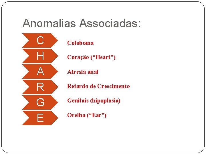 Anomalias Associadas: C Coloboma Coração (“Heart”) H Atresia anal A Retardo de Crescimento R