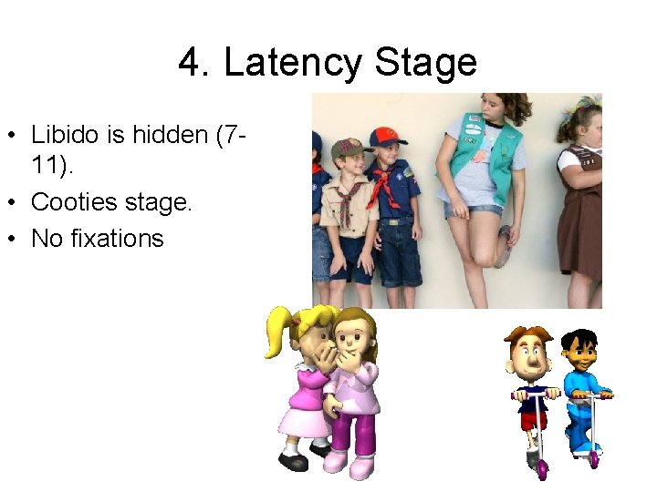 4. Latency Stage • Libido is hidden (711). • Cooties stage. • No fixations