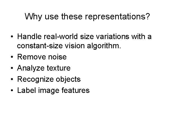 Why use these representations? • Handle real-world size variations with a constant-size vision algorithm.