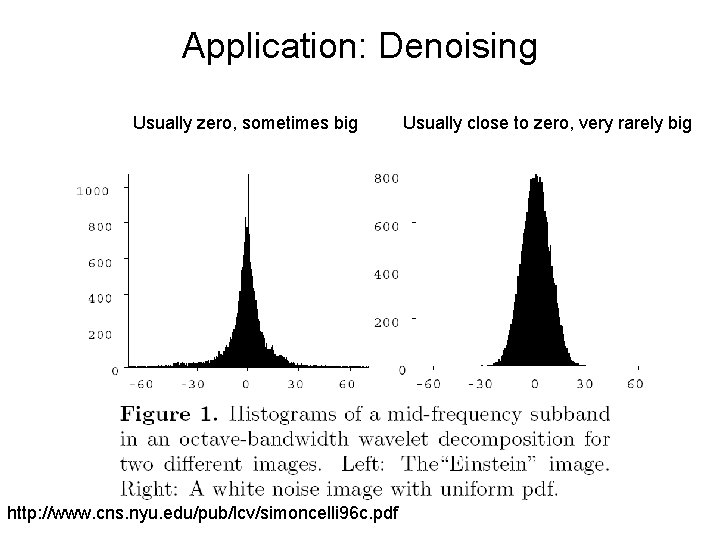 Application: Denoising Usually zero, sometimes big http: //www. cns. nyu. edu/pub/lcv/simoncelli 96 c. pdf