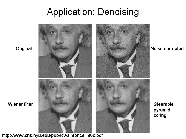 Application: Denoising Original Wiener filter http: //www. cns. nyu. edu/pub/lcv/simoncelli 96 c. pdf Noise-corrupted