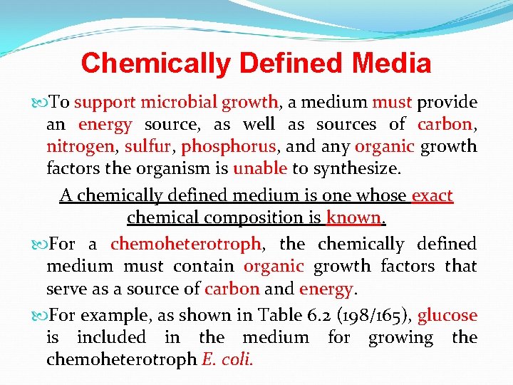 Chemically Defined Media To support microbial growth, a medium must provide an energy source,