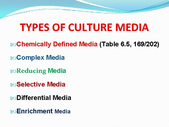 TYPES OF CULTURE MEDIA Chemically Defined Media (Table 6. 5, 169/202) Complex Media Reducing