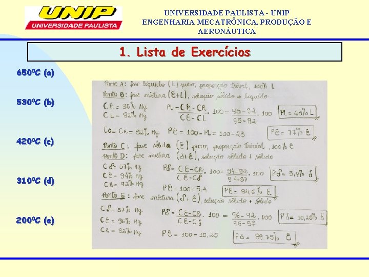 UNIVERSIDADE PAULISTA - UNIP ENGENHARIA MECATRÔNICA, PRODUÇÃO E AERONÁUTICA 1. Lista de Exercícios 6500