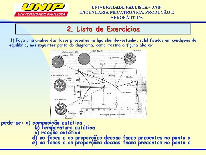 UNIVERSIDADE PAULISTA - UNIP ENGENHARIA MECATRÔNICA, PRODUÇÃO E AERONÁUTICA 2. Lista de Exercícios 1)