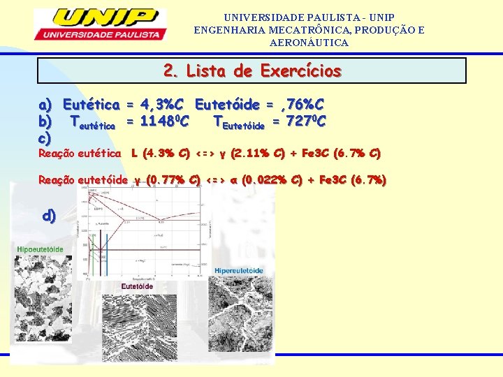 UNIVERSIDADE PAULISTA - UNIP ENGENHARIA MECATRÔNICA, PRODUÇÃO E AERONÁUTICA 2. Lista de Exercícios a)