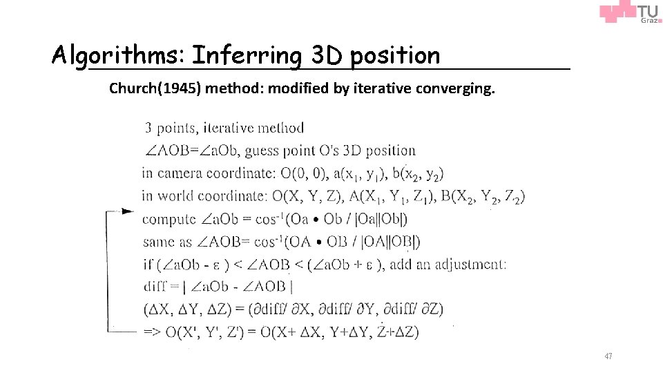 Algorithms: Inferring 3 D position Church(1945) method: modified by iterative converging. Communications & Multimedia