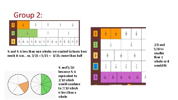 Group 2: ⅓ and ⅕ is less than one whole; we wanted to know