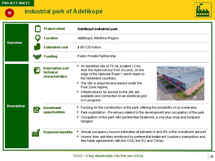 PROJECT SHEET 10 Industrial park of Adetikopé Project sheet Adetikopé industrial park Location Adétikopé,