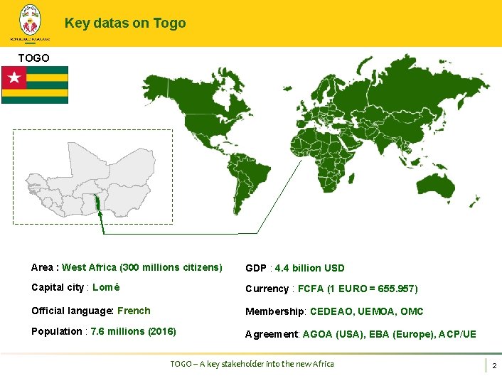 Key datas on Togo TOGO Area : West Africa (300 millions citizens) GDP :