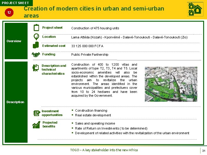 PROJECT SHEET 12 Creation of modern cities in urban and semi-urban areas Project sheet