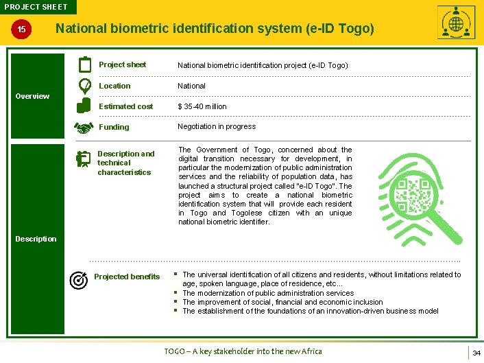 PROJECT SHEET 15 National biometric identification system (e-ID Togo) Project sheet National biometric identification