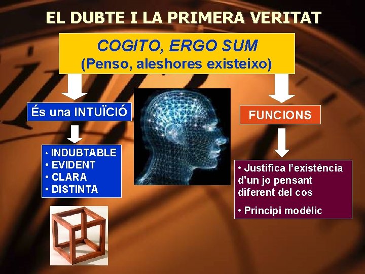 EL DUBTE I LA PRIMERA VERITAT COGITO, ERGO SUM (Penso, aleshores existeixo) És una