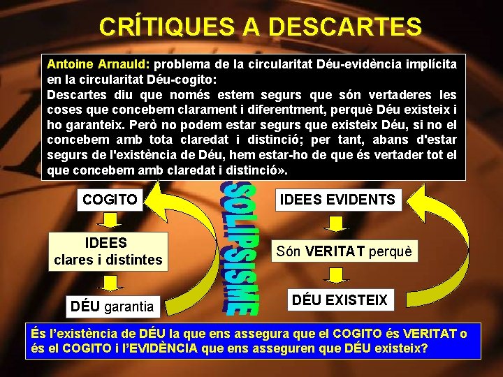 CRÍTIQUES A DESCARTES Antoine Arnauld: problema de la circularitat Déu-evidència implícita en la circularitat