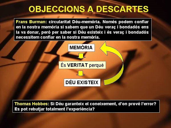 OBJECCIONS A DESCARTES Frans Burman: circularitat Déu-memòria. Només podem confiar en la nostra memòria