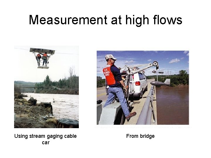 Measurement at high flows Using stream gaging cable car From bridge 