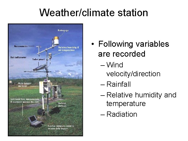 Weather/climate station • Following variables are recorded – Wind velocity/direction – Rainfall – Relative