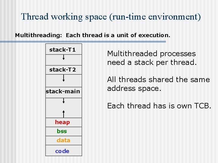 Thread working space (run-time environment) Multithreading: Each thread is a unit of execution. stack-T