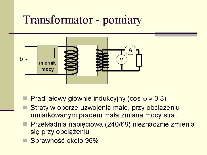 Transformator - pomiary A U~ miernik mocy V n Prąd jałowy głównie indukcyjny (cos