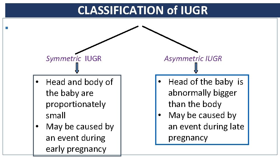 CLASSIFICATION of IUGR § Symmetric IUGR • Head and body of the baby are