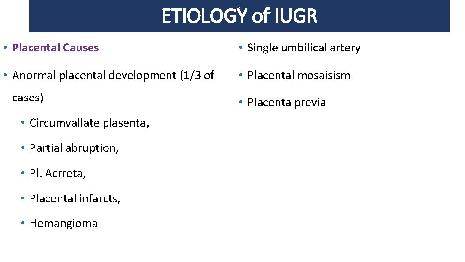 ETIOLOGY of IUGR • Placental Causes • Single umbilical artery • Anormal placental development