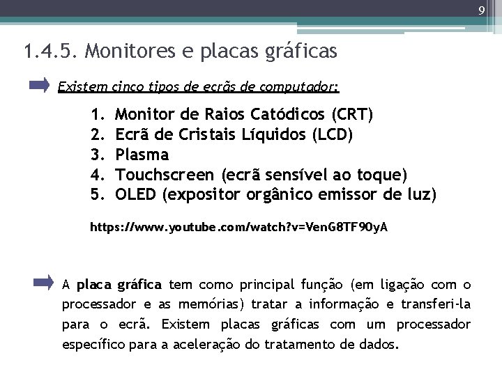 9 1. 4. 5. Monitores e placas gráficas Existem cinco tipos de ecrãs de