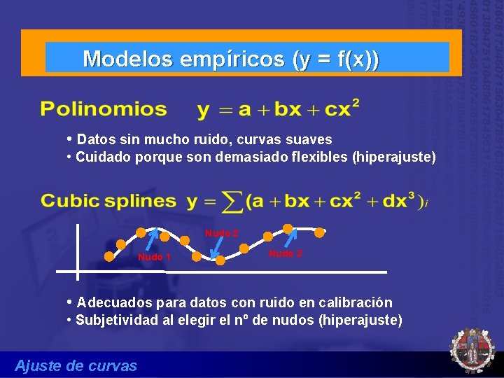 Modelos empíricos (y = f(x)) • Datos sin mucho ruido, curvas suaves • Cuidado