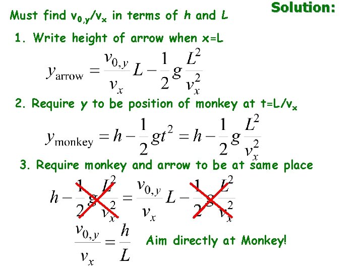 Must find v 0, y/vx in terms of h and L Solution: 1. Write