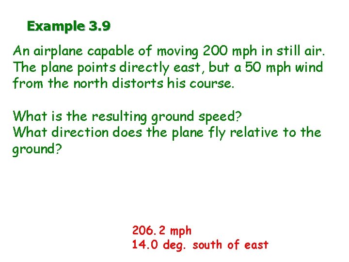 Example 3. 9 An airplane capable of moving 200 mph in still air. The