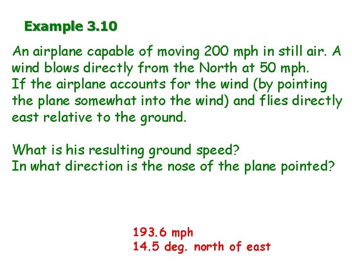 Example 3. 10 An airplane capable of moving 200 mph in still air. A