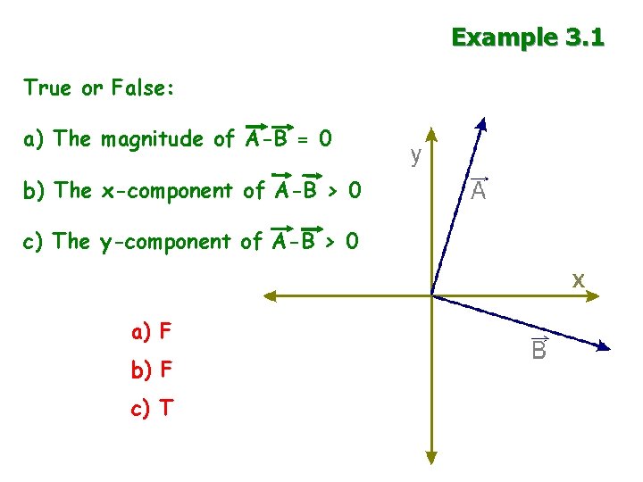 Example 3. 1 True or False: a) The magnitude of A-B = 0 b)