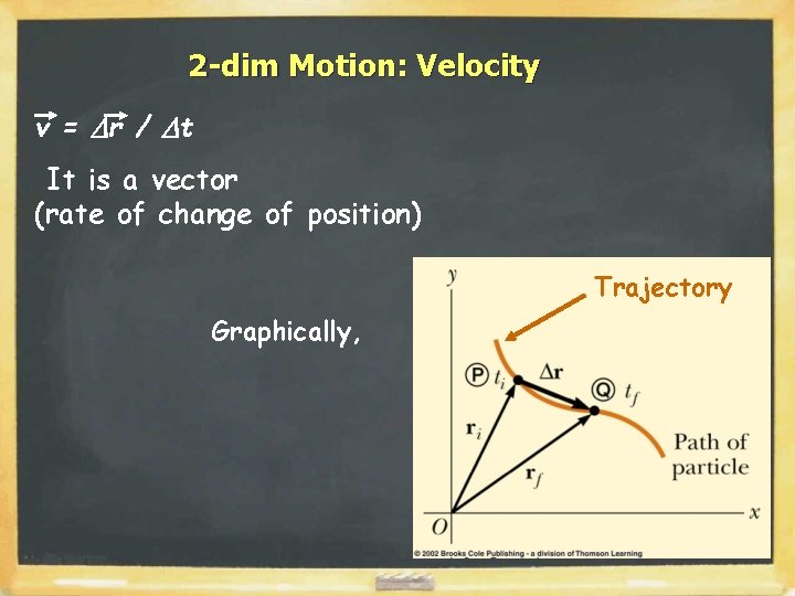 2 -dim Motion: Velocity v = Dr / Dt It is a vector (rate