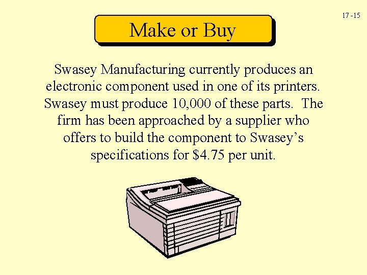Make or Buy Swasey Manufacturing currently produces an electronic component used in one of