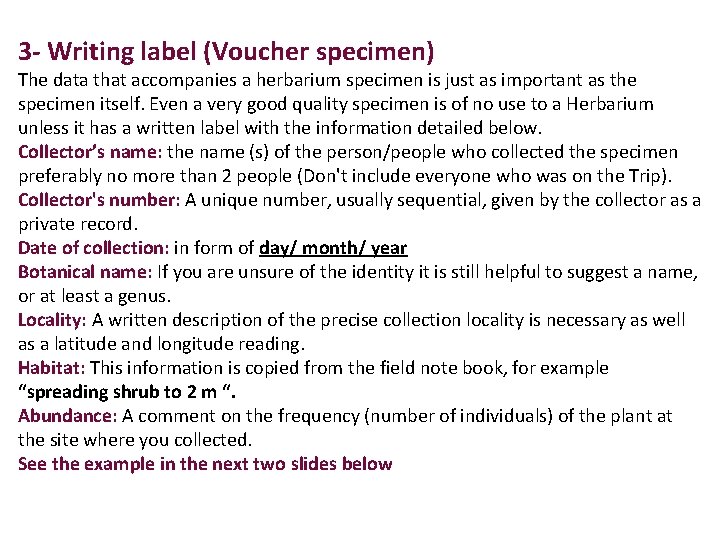 3 - Writing label (Voucher specimen) The data that accompanies a herbarium specimen is