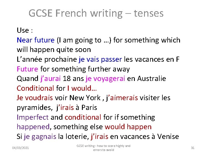 GCSE French writing – tenses Use : Near future (I am going to …)