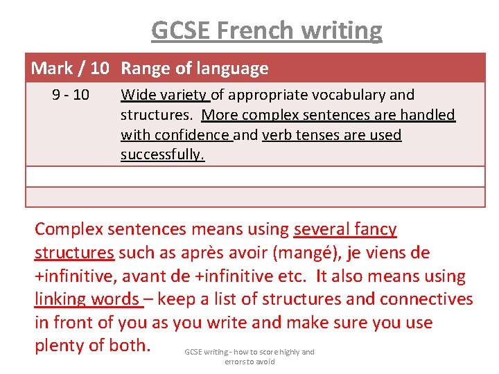 GCSE French writing Mark / 10 Range of language 9 - 10 Wide variety