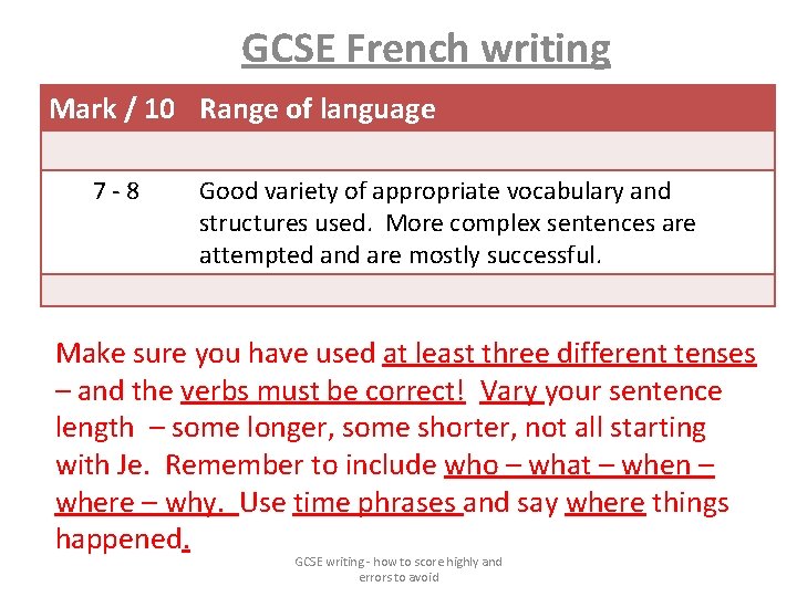 GCSE French writing Mark / 10 Range of language 7 -8 Good variety of