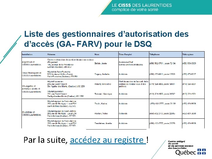Liste des gestionnaires d’autorisation des d’accès (GA- FARV) pour le DSQ Par la suite, Liste des gestionnaires d’autorisation des d’accès (GA- FARV) pour le DSQ Par la suite,