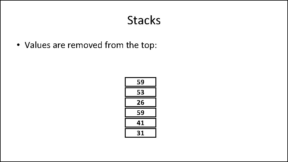 Stacks • Values are removed from the top: 59 53 26 59 41 31