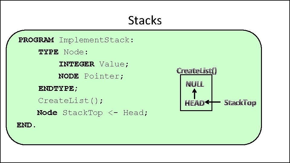 Stacks PROGRAM Implement. Stack: TYPE Node: INTEGER Value; NODE Pointer; ENDTYPE; Create. List(); Node