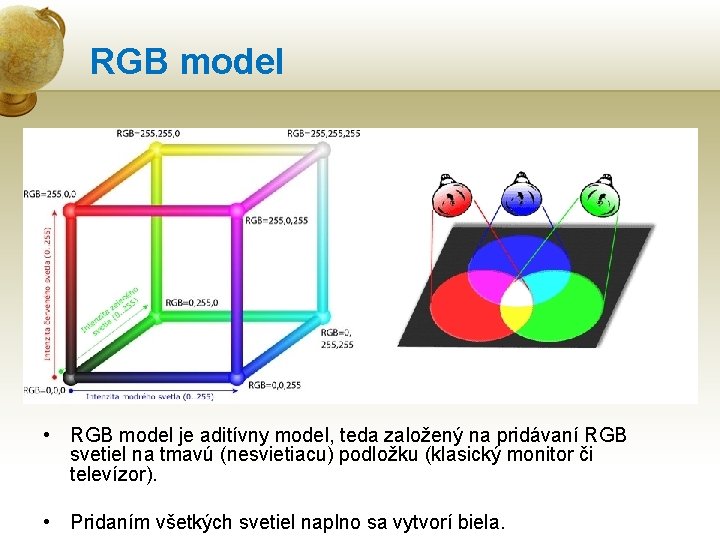 RGB model • RGB model je aditívny model, teda založený na pridávaní RGB svetiel