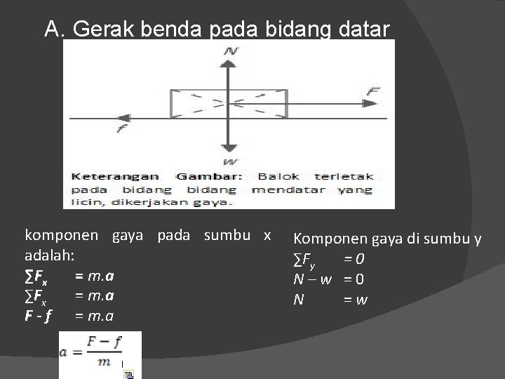 A. Gerak benda pada bidang datar komponen gaya pada sumbu x adalah: ∑Fx =