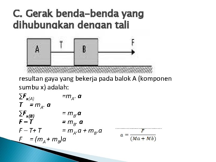 C. Gerak benda-benda yang dihubungkan dengan tali resultan gaya yang bekerja pada balok A