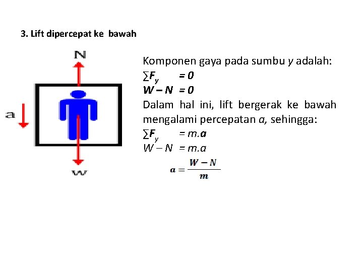 3. Lift dipercepat ke bawah Komponen gaya pada sumbu y adalah: ∑Fy =0 W–N