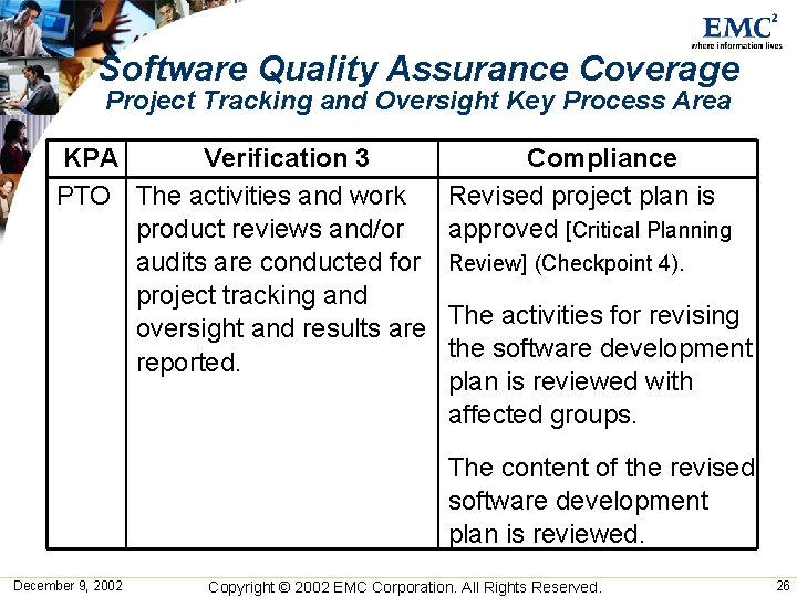 Software Quality Assurance Coverage Project Tracking and Oversight Key Process Area KPA Verification 3 Software Quality Assurance Coverage Project Tracking and Oversight Key Process Area KPA Verification 3