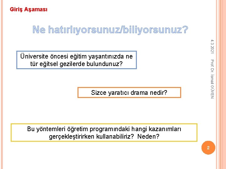 Giriş Aşaması Ne hatırlıyorsunuz/biliyorsunuz? 4. 3. 2021 Prof. Dr. İsmail GÜVEN Üniversite öncesi eğitim