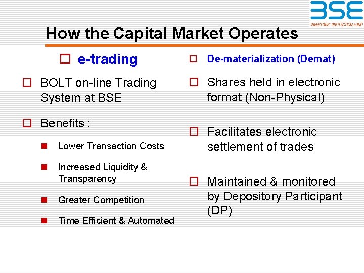 How the Capital Market Operates o e-trading o BOLT on-line Trading System at BSE