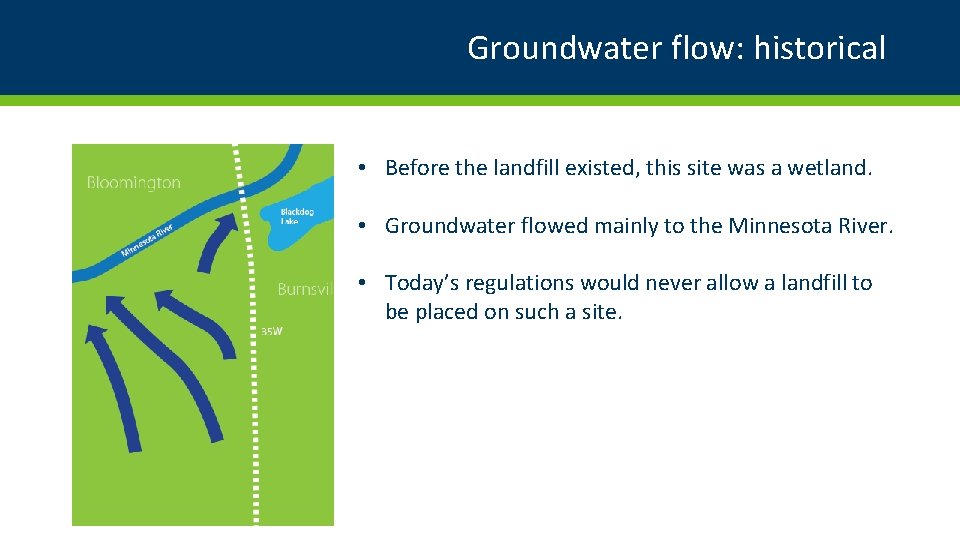 Groundwater flow: historical • Before the landfill existed, this site was a wetland. • Groundwater flow: historical • Before the landfill existed, this site was a wetland. •