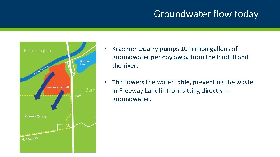 Groundwater flow today • Kraemer Quarry pumps 10 million gallons of groundwater per day Groundwater flow today • Kraemer Quarry pumps 10 million gallons of groundwater per day